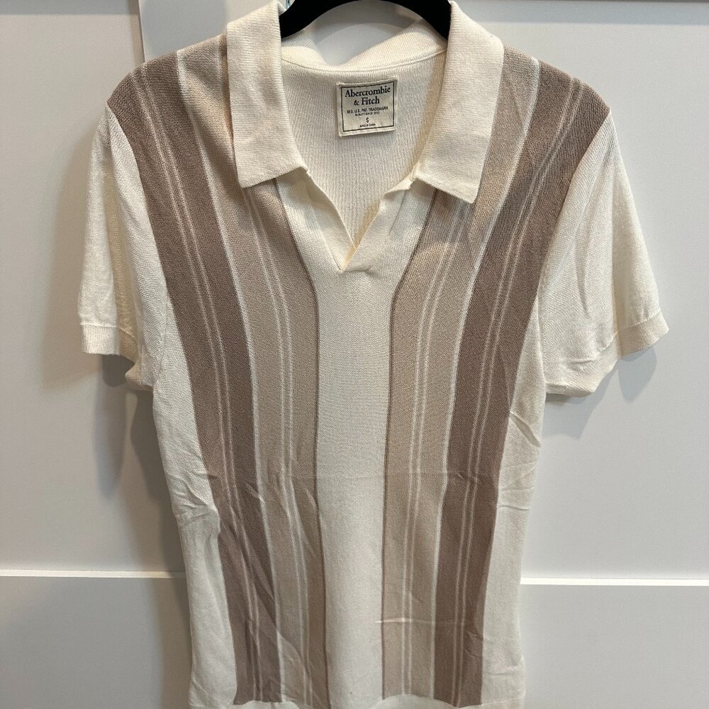 Abercrombie & Fitch Knit Polo Shirt – Cream & Taupe Striped, Size S